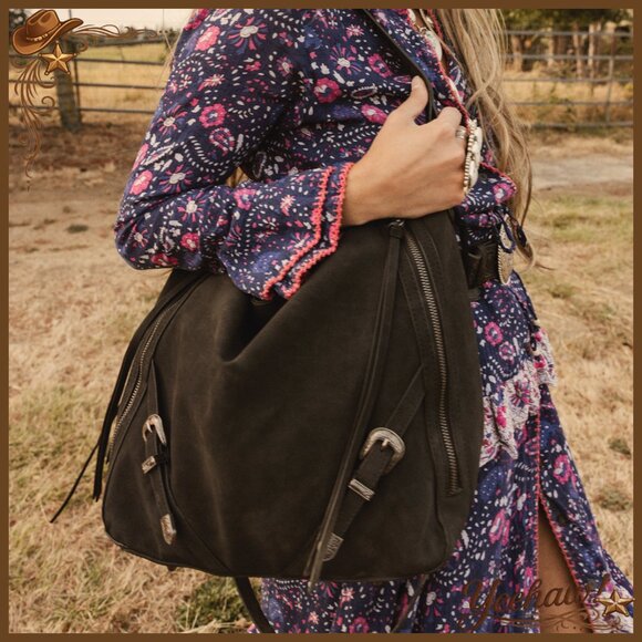 Large Faux Suede Hobo Bag with Fringe & Buckle Details, Shoulder Strap - Picture 7 of 7